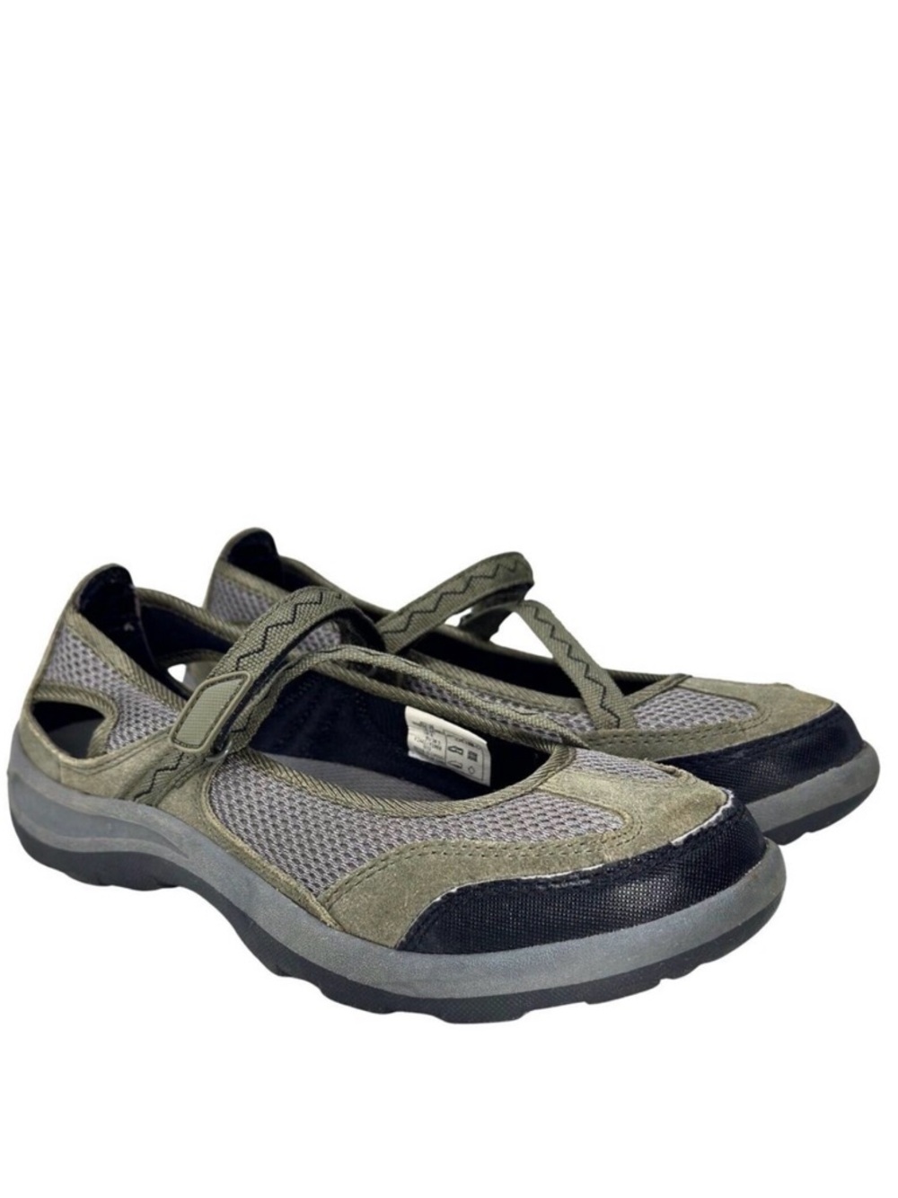 Lands' End Mary Jane Shoe Womens 8D Wide Green Gray Mesh Trekker Leather Hiking